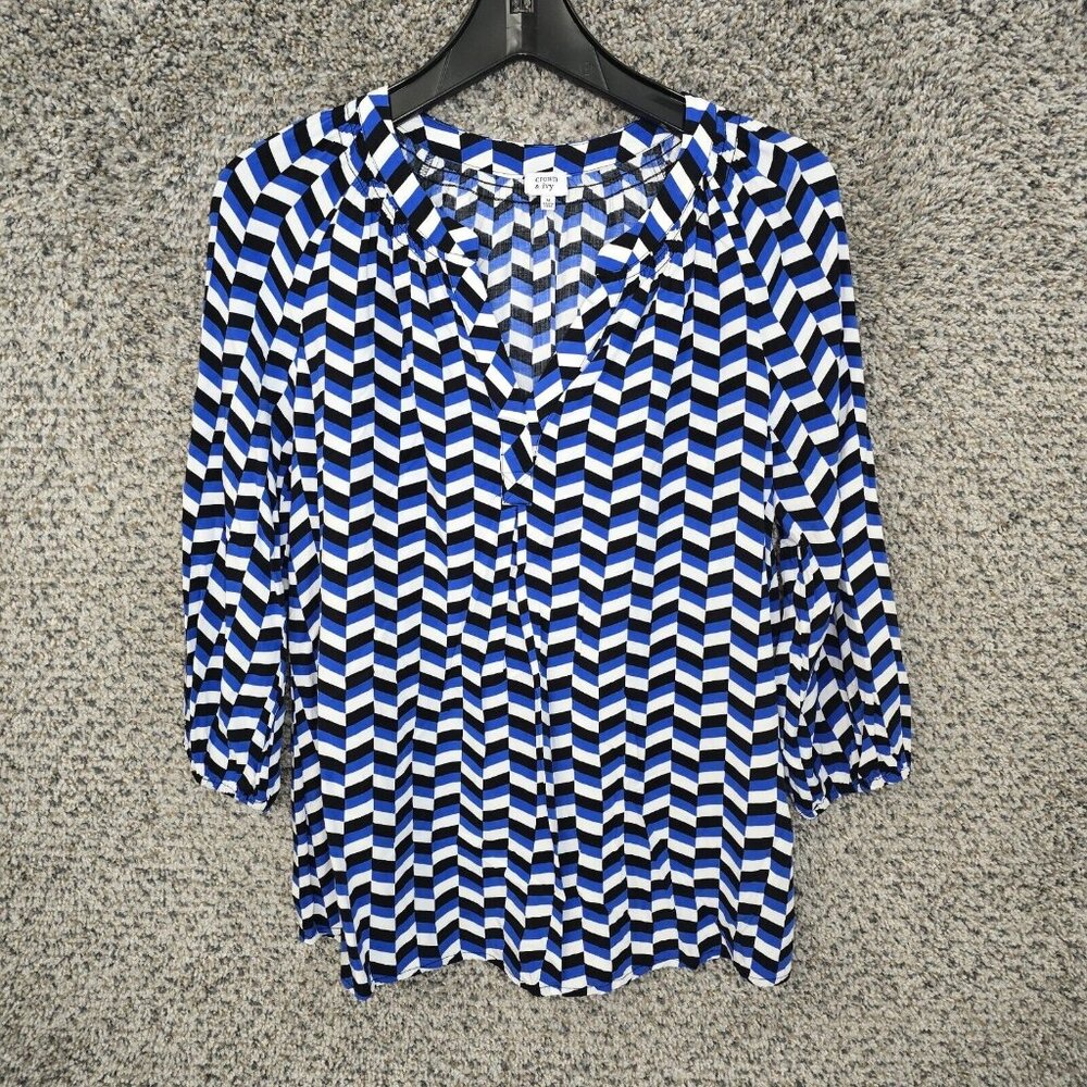 Crown & Ivy Top Womens Medium Blue Printed 3/4 Sleeve Peasant Blouse Ladies
